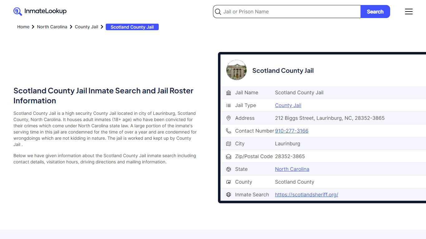 Scotland County Jail (NC) Inmate Search and Jail Roster Information